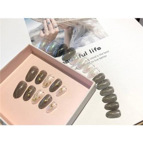 ENDRRFLLA 24pcs Bronzing Moon Star Oily False Nail Brown Removable Manicure Full Cover Long Nail Decoration 2020 Design Beauty