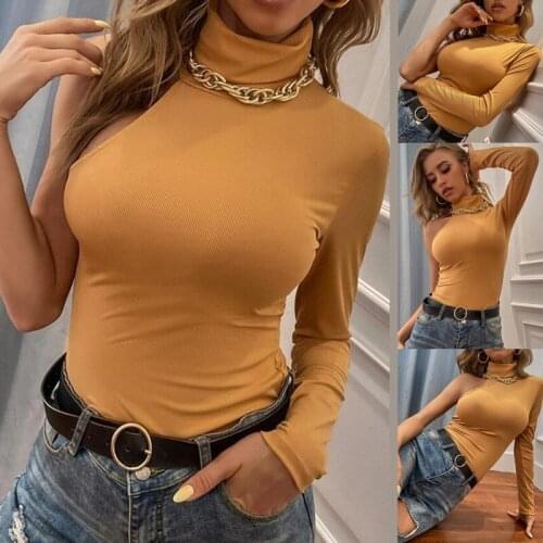 Women Cotton T Shirt Long Sleeve Crewneck Skinny Tshirt Winter Fashion Elegant Solid One Side Sleeve T Shirts For Woman