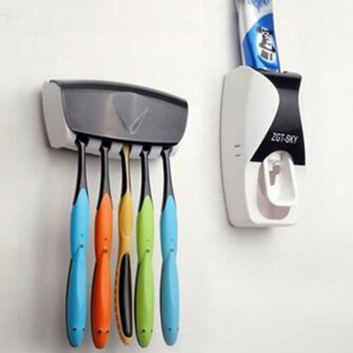 Bathroom Tool Washroom Squeezer Hand Free Wall Mounted Toothpaste Dispenser Toothbrush Holder Set Self-Adhesive