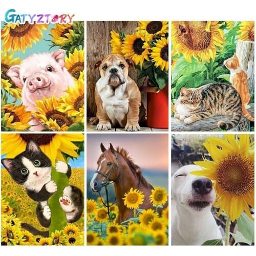 GATYZTORY Oil Painting By Numbers Sunflower Animal On Canvas With Frame Handmade Paints For Adults Picture Coloring By Number De