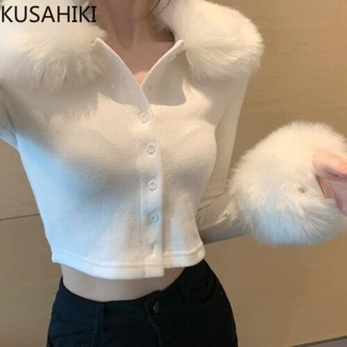 KUSAHIKI Sexy Short Knitted Caridgan Korean Fur Decoration Long Sleeve O-neck Knitwear 2021 Spring New Women Sweater 6E394