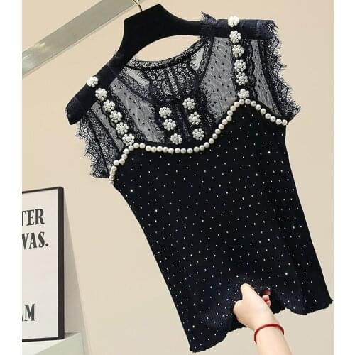 Hot Drilling Beaded Stitching Mesh Small Camisole Tank Top Womens Outer Wear All-match Top Sleeveless Shirt Vest Tops Mujer