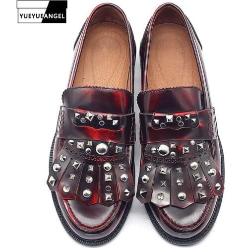 Top Brand Mens Wine Red Genuine Leather Slip On Loafers Shoes Spring Wedding Formal Rivets Tassel Flats Moccasin Dress Shoes