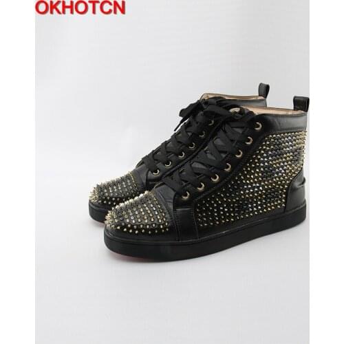 OKHOTCN Black Leanther Fashion Men Shoes Designer Silver Gold Rivets Studded Casual Shoes Lace Up High Top Cozy Leisure Sneakers