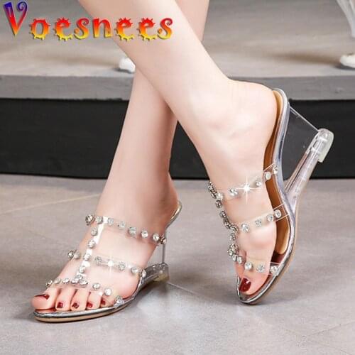 Fashion Transparent Rhinestone Women Slippers Summer New Modern Wedges High Heels Chain Adult Sandals Sexy Party Women Shoes
