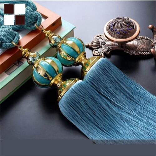 One pair tieback Europe curtain accessories decorative metal pumpkin ball jade buckle tassle bandage strap tie tape M600