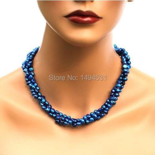 Wholesale Pearl Jewelry - Dark Blue Color 3 Strands Baroque Shape Genuine Freshwater Pearl Necklace Bridesmaids Wedding Jewelry