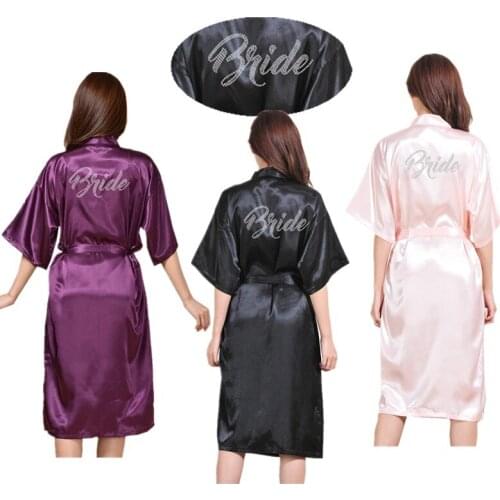 Wholesale Bride Letter Rhinestones Women Pure Color Long Satin Silk Robes Kimono Nightgown Birthday Spa Party Bathrobe T36