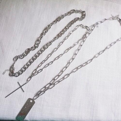 Rongho Hiphop Multi chains Cross chokers necklaces for Women metal Ruler pendant necklace lovers party necklace chunky bijoux