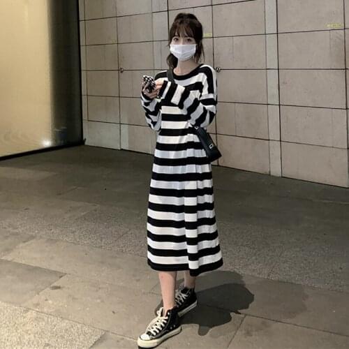 Casual Stlye Striped Autumn Dress Long Sleeve Fashion Female Clothing Korean Fashion Oversize O-neck Maxi Dresses for Women