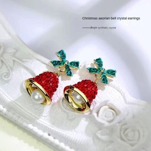 Christmas Gifts Earrings Girls Women Jingle Bell Earrings Green Red Rhinestone Bell Earrings Cute Crystal Bow Fashion Jewelry