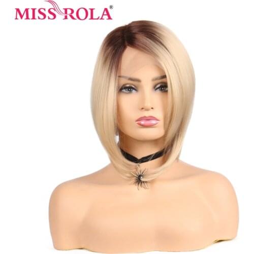Miss Rola Synthetic Bob Wig Lace Front Wig Short Straight Synthetic Wig With T Lace Part Closure Ombre Blonde Color 150% Density