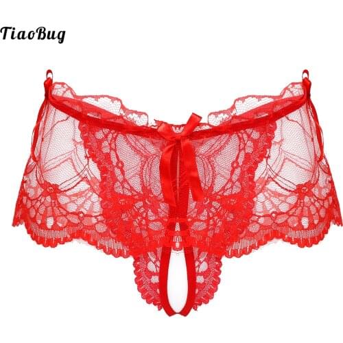 TiaoBug Men Sissy See-Through Lace Crotchless Swimming Bathing Skirted Thong T-Back Panties Low Rise Bowknot G-String Lingerie