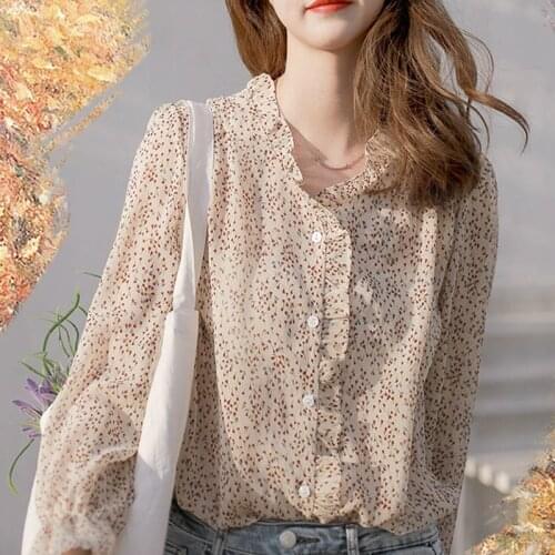 V-Neck Ruffles Button Chiffon Blouses Shirt Printed Long Sleeve Womens Spring Autumn Style Casual Tops