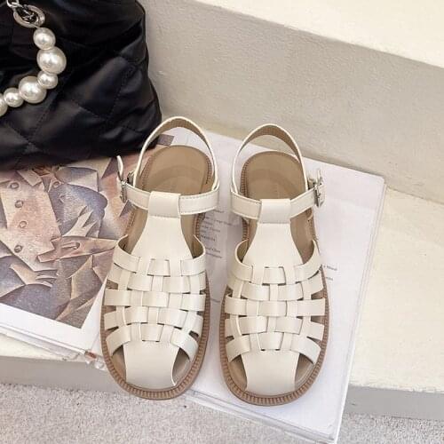 Retro solid Color Microfiber Summer women sandals Knit Roman Style Thick Heel sandals women 2021 Round Head Woman shoes A006