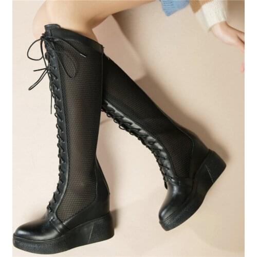 Fashion Sneakers Women Genuine Leather Wedges High Heel Roman Gladiator Sandals Female Lace Up Pointed Toe Platform Pumps Shoes