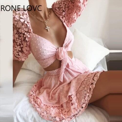 Spring V Neck Floral Lace Swiss Dot Top & Skirt Set Women Sets 2 Piece Set