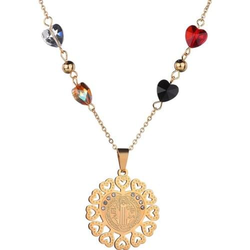 Gold Hollow Love Heart Jesus Saint Handmade Necklace Stainless Steel Rhinestone Necklace With Link Chain for Women