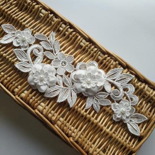 1 Pair Ivory White 3D Flower Beaded Lace Applique Crochet Flower DIY Handmade Wedding Dress Accessories 25cm*8.5cm