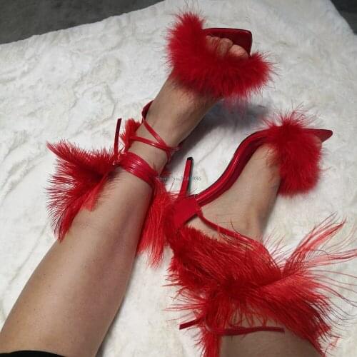 Single Strap Feather Cross Tied Thin High Heel Sandals Fur Ankle Strap Stiletto Heel Sandals Fashion Banqute Party Shoes New