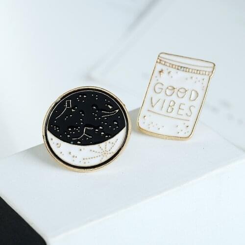 Good Vibes and Constellation Crescent Enamel Brooches 2pcs/set Couple Brooch Fashion Women Lapel Pin Jewelry Gift
