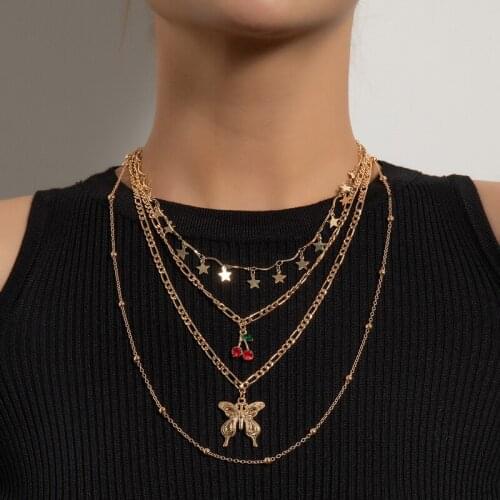 Trending Elegant Star Cherry Butterfly Pendant Necklace for Women Delicate Multilayer Geometric Chains Necklace Jewelry Gift