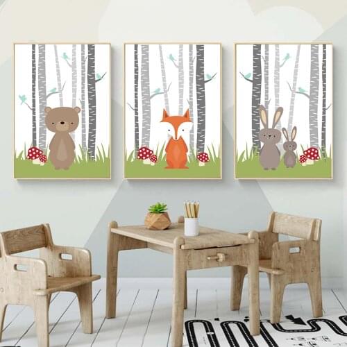 Nursery Cartoon Woodland Animals Posters And Prints Nordic Wall Art Canvas Prints Painting Wall Pictures For Kids Bedroom Decor