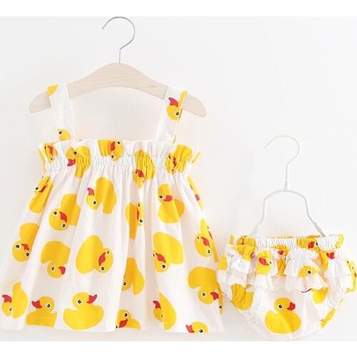 ChildrenS Clothing For Girls Dress Sets Kids Baby Summer Cartoon Yellow Duck Print Dress + Pants Suit Fashion Princess Clothes