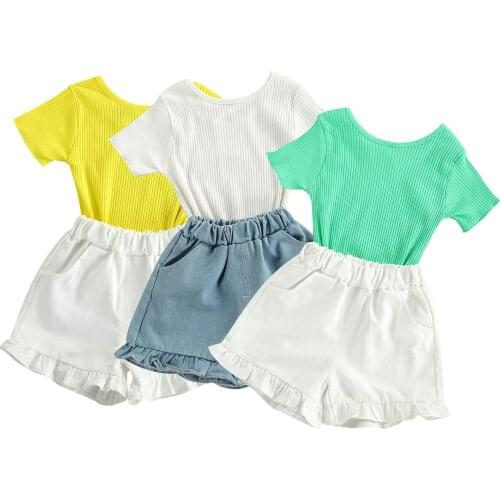 2 Pieces Kids Suit Set, Girls Solid Color Round Neck Short Sleeve Ribbed Tops+ Ruffled Shorts for Summer, 2-6 Years
