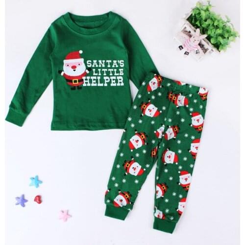 Kids Girls Green Christmas Costume 2 Piece set Cartoon Santa Claus Printed Long Sleeve Tops+ Long Pants For Children X-Mas Gift