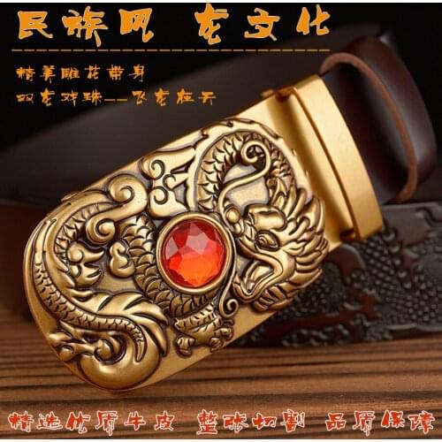 Long play jewelry stone automatic buckle mens domineering three-dimensional carved real cowhide ethnic personality belt