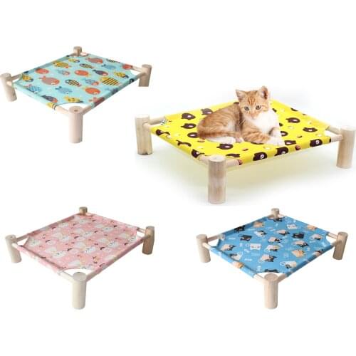 Pet Cat Wooden Raised Bed Portable Cooling Bed Dog Hammock Washable Cotton Canvas Puppy Cozy Sleeping