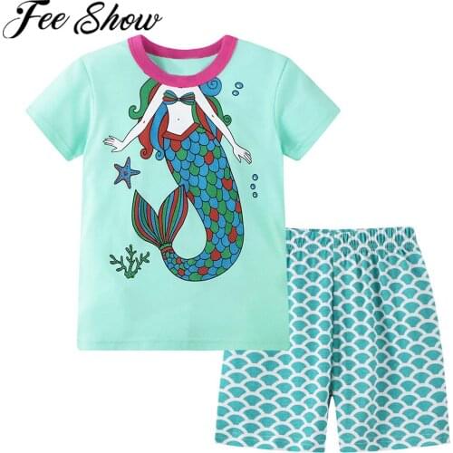 Summer Girls Pajamas Set Cotton Kids Sleepwear Cute Mermaid Fish Scales Print T-shirt And Shorts Toddler Baby Girl Clothes Sets
