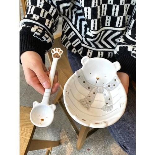 Handmade Cute Children Cartoon Ceramic Bowl Tableware Spoon Fruit Snack посуда Underglaze Vajilla Bear Bowl Plate Set