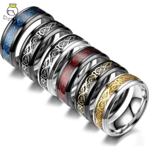 Men Ring Jewelry Red Blue Black Gold Color Dragon Inlay Comfort Fit Stainless Steel Rings for Men Wedding Ring Wide 8m Size 6-13