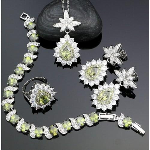 925 Silver Jewelry Sets For Women Party Accessories Olive Green Cubic Zirconia Earrings Pendant Necklace Ring Bracelet