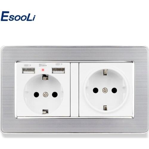 Esooli Wall Socket EU Standard Power Outlet With Dual USB Smart Induction Charge Port For Mobile 5V 2.1A Stainless Steel Panel