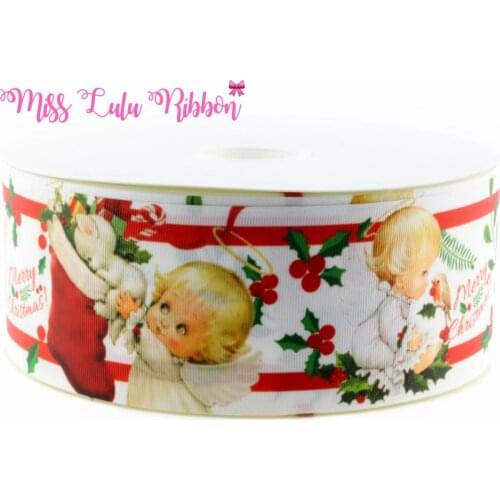Merry Christmas Cute Angel Printed Grosgrain Ribbon DIY Handmade Hair Accessories Decoration Party Gift 50 yards/roll all size