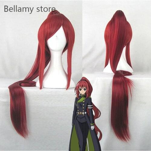 Anime Seraph of the end Mito Jujo Dark Red Long Ponytail Heat Resistant Cosplay Costume hairwear Wig+Wig Cap