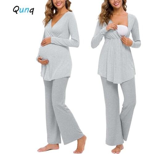 Qunq Nursing Breastfeeding Pajama Set Spring Fall Maternity Sleepwear Clothes V-neck Shirts Pant Pregnancy Woman Lounge Outfits