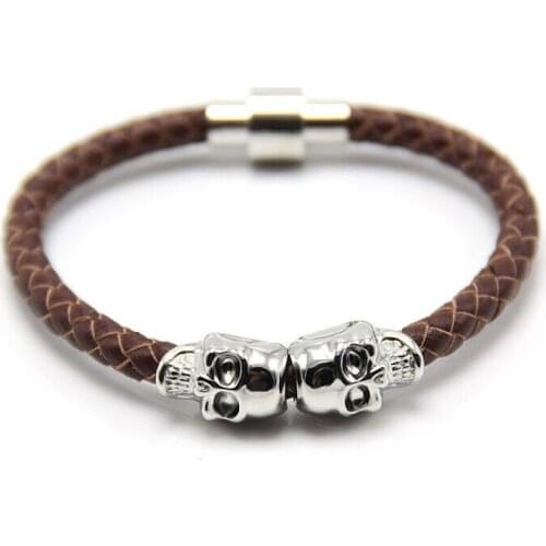 Hot Stainless Steel Skull Black Color Braided Rope Pu Leather Chain Bracelets Section For Anniversary Day Jewelry