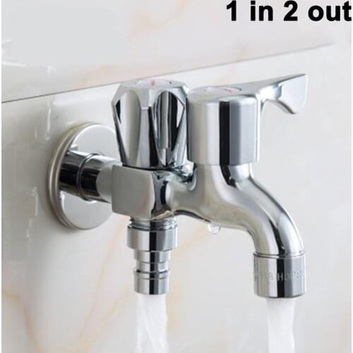 Faucet Wall Mounted 1 in 2 out Dual Handles Bathroom Water Tap Washing Machine Mop Pond Faucet