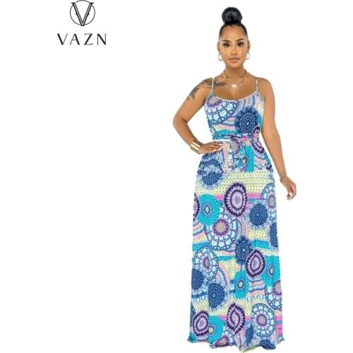 VAZN 2021 Floral Chic Ladies Casual Shinny Night Party Shinny Slim Maxi Dress Sleeveless Strapless Energetic Suitable Dress