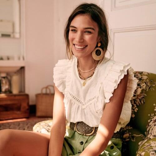 Ruelen Solid White Hollow Out Women Shirt 2021 Autumn Cotton Ruffled Round Collar Short Sleeve Patchwork Shirt Female Casual Top