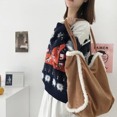 Women New Corduroy Bag Simple Canvas Shoulder Bag Large Capacity Handbag Tote Cloth Shopping Bags Suede Bookbags For Girls
