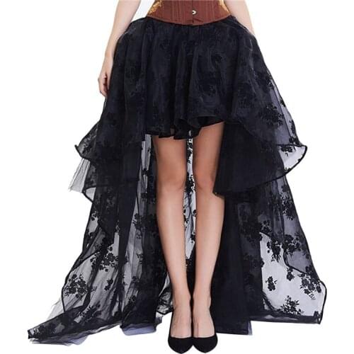 2021 Women Irregular Ruffle Hem Skirt Floral Embroidery Elastic High Waist Tulle Skirt Sexy Pleated Long Midi Skirts for Summer