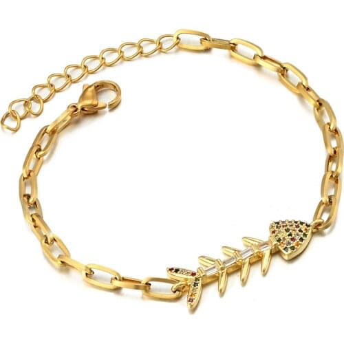 New Fashion Fish Bone CZ Bracelets Ladies Stainless Steel Bracelet Copper Zirconia Bracelets Women Girls Adjustable Jewelry Gift