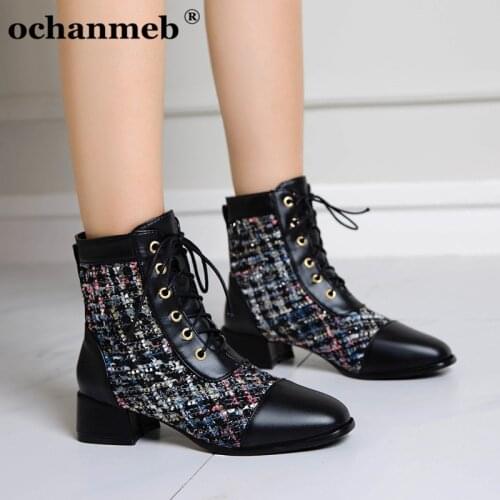 Womens Tweed PU Leather Boots Large Size 48 Ladies Medium Block Heels Lace up Ankle Booties Woman Black Nude Shoes Winter Fall