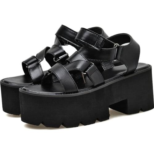 Sandalia mujer verano Punk shoes Rock Gothic Sandals Women Peep Toe Buckle leather strap sandals platform punk shoes LJB52-1