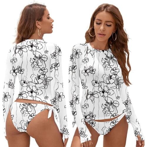 Surfing Swimsuit For Women 2021 Bikini Long Sleeve Swimwear Floral Print Push Up Summer Bath Suit Two Piece Bandeau Biquini